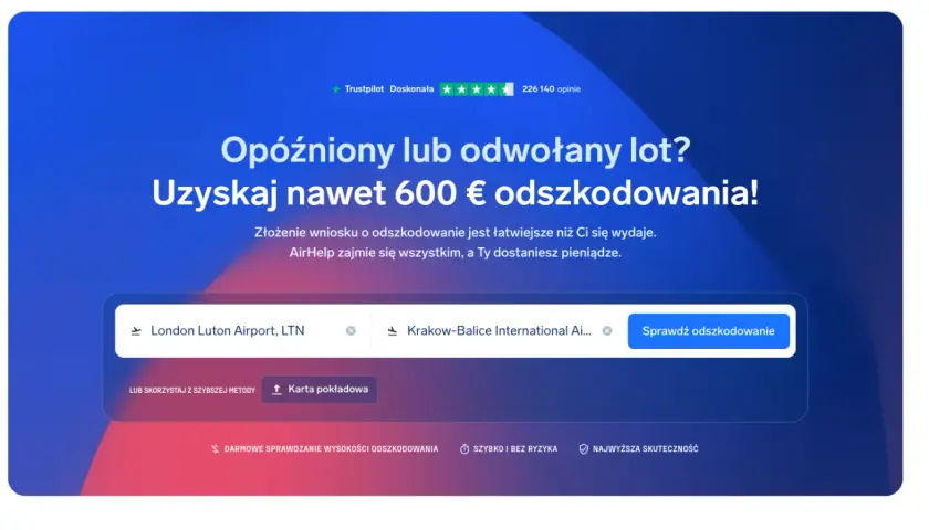 Opóźniony lot? Sprawdź, czy przysługuje Ci odszkodowanie za odwołany lot. Wpisz trasę, np. z Londynu do Krakowa, i dowiedz się, ile możesz zyskać.