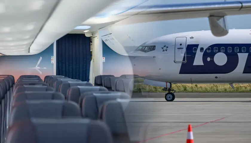 Wnętrze samolotu LOT z rzędami siedzeń i widok zewnętrzny samolotu Boeing 737 MAX 8 na płycie lotniska.