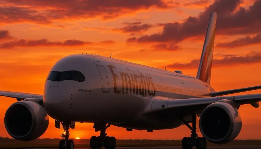 Airbus A350-900 Emirates na tle zachodzącego słońca.