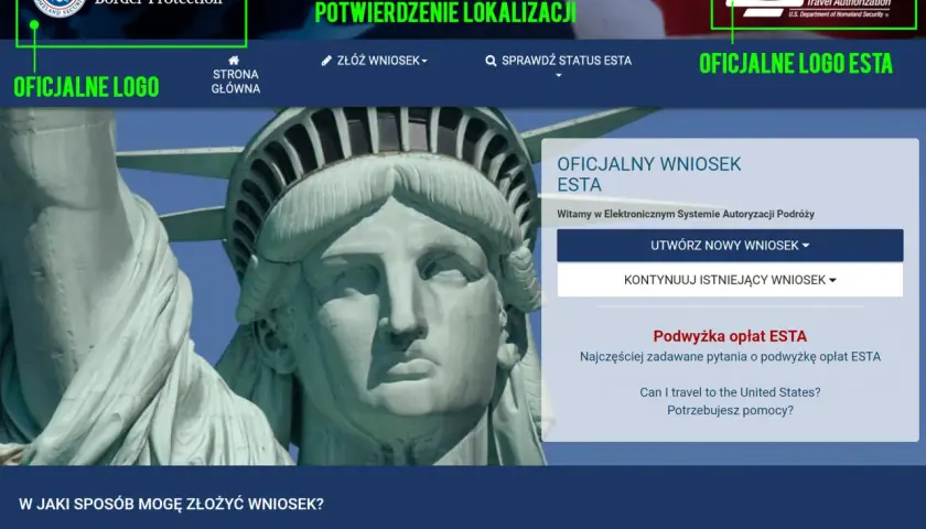 Oficjalna strona ESTA, gdzie sprawdzisz, czy do USA potrzebna jest wiza. Złóż wniosek lub kontynuuj istniejący.