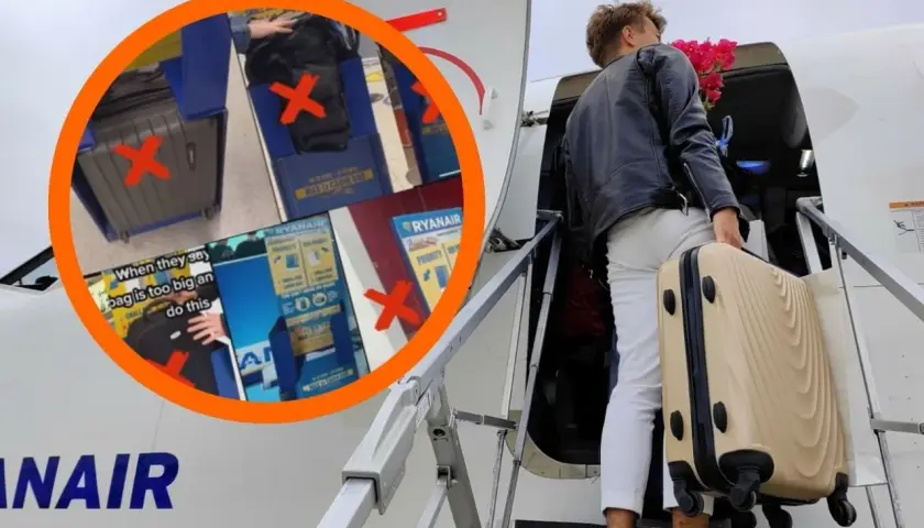 Mężczyzna z walizką i kwiatami wsiada do samolotu Ryanair. W kółku widać tabliczki z wymiarami bagażu kabinowego i czerwonymi krzyżykami, sugerujące problemy z bagażem mimo opcji priority.