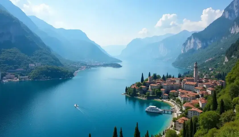 Malownicze miasteczko nad błękitnym jeziorem, otoczone górami. Czy to jezioro Como, czy Garda?