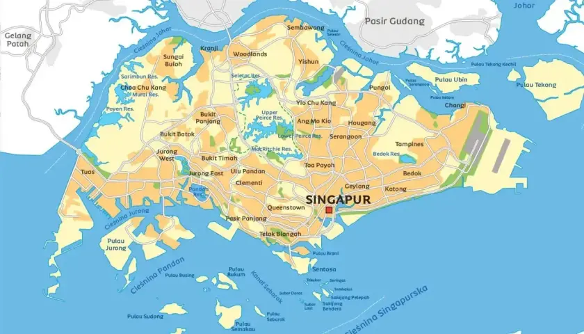Mapa pokazuje, gdzie leży Singapur, między Malezją a Indonezją, otoczony wodami Cieśniny Johor i Cieśniny Singapurskiej.