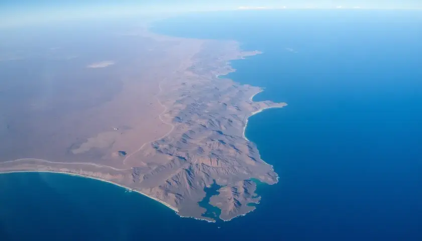 Widok z lotu ptaka na górzyste wybrzeże i ocean. Takie krajobrazy pomagają zrozumieć, gdzie leży Madagaskar.