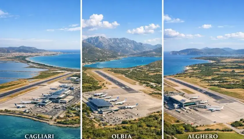 Trzy lotniska na Sardynii: Cagliari, Olbia i Alghero, z widokiem na morze i góry.