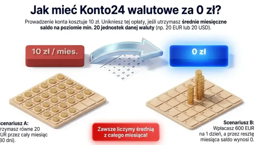Konto walutowe Santander za 0 zł. Dwa scenariusze pokazują, jak uniknąć opłaty 10 zł miesięcznie, utrzymując średnie saldo 20 EUR.