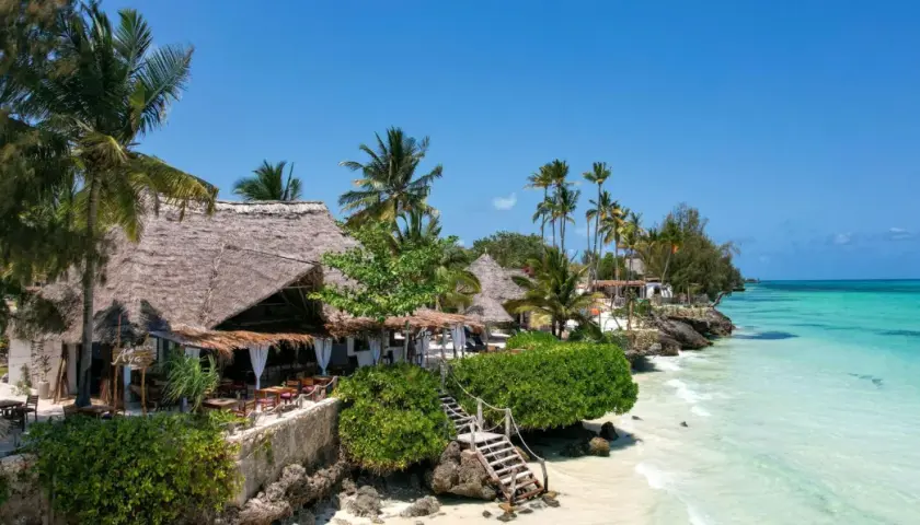 Rajskie plaże i palmy na Zanzibarze w marcu. Tropikalny kurort z widokiem na turkusowe morze.
