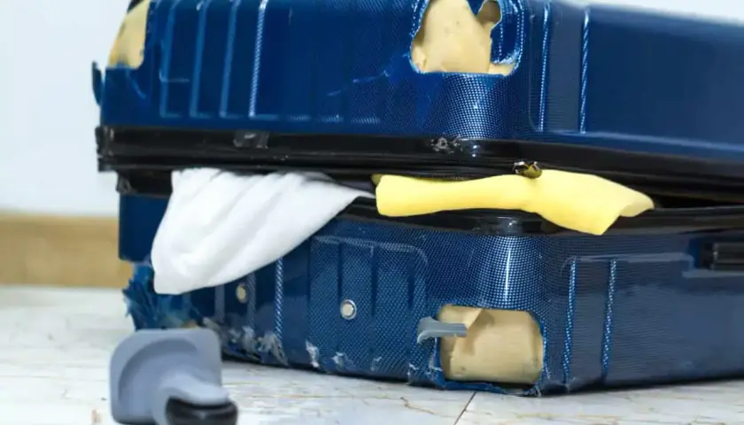 Uszkodzona walizka po podróży, idealna do złożenia reklamacji w Ryanair.