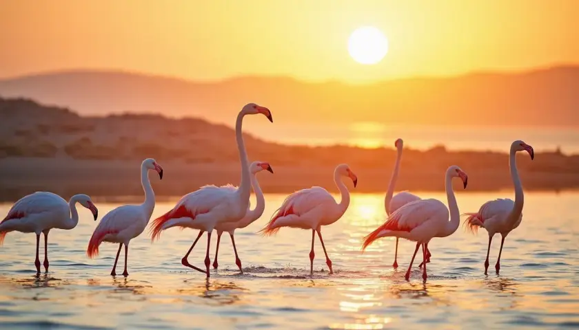 Djerba flamingi o zachodzie słońca. Różowe ptaki brodzą w płytkiej wodzie, odbijając się w złotym blasku.