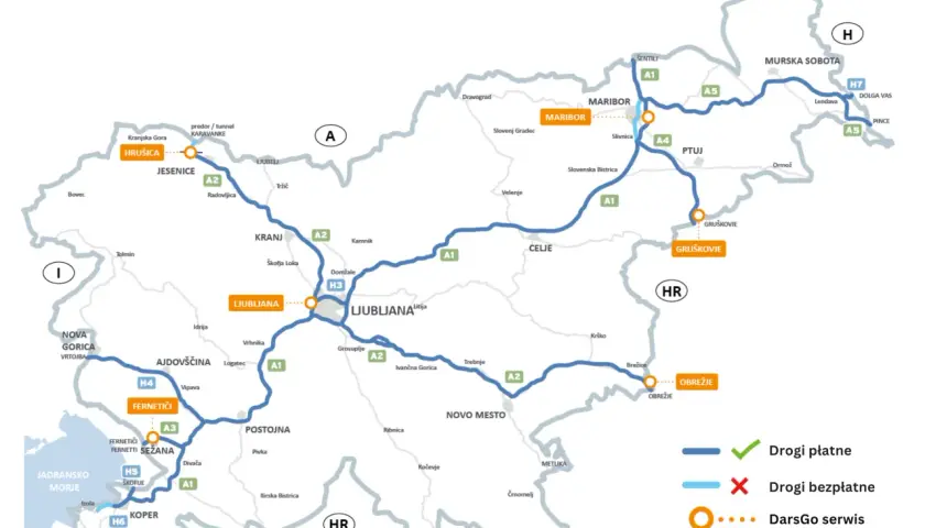 Mapa drogowa Słowenii z zaznaczonymi drogami płatnymi i bezpłatnymi, a także punktami DarsGo serwis. Waluta Słowenii to euro.