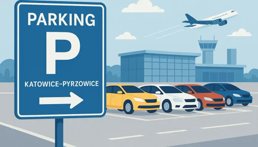 Parking przy lotnisku Katowice-Pyrzowice. Samolot startuje nad budynkiem terminala, a przed nim rząd kolorowych samochodów.