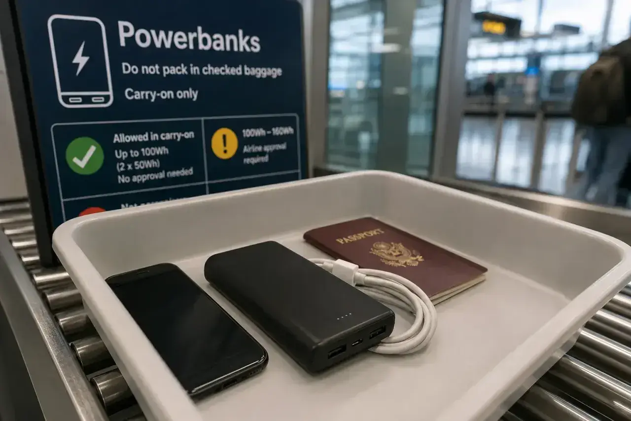 Na lotnisku, na taśmie do kontroli bezpieczeństwa, leżą telefon, powerbank i paszport. Tablica informuje o limicie powerbanków w bagażu podręcznym, przypominając o zasadach Ryanair.