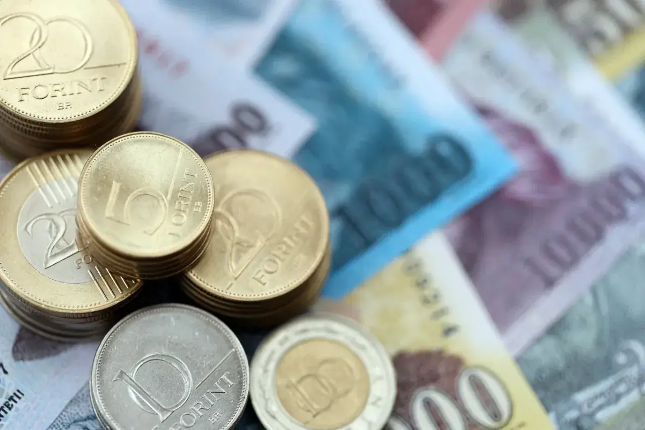 Stos monet i banknotów. Widać monety 5, 10 i 20 forintów. Jaka waluta na Węgrzech? Forint.