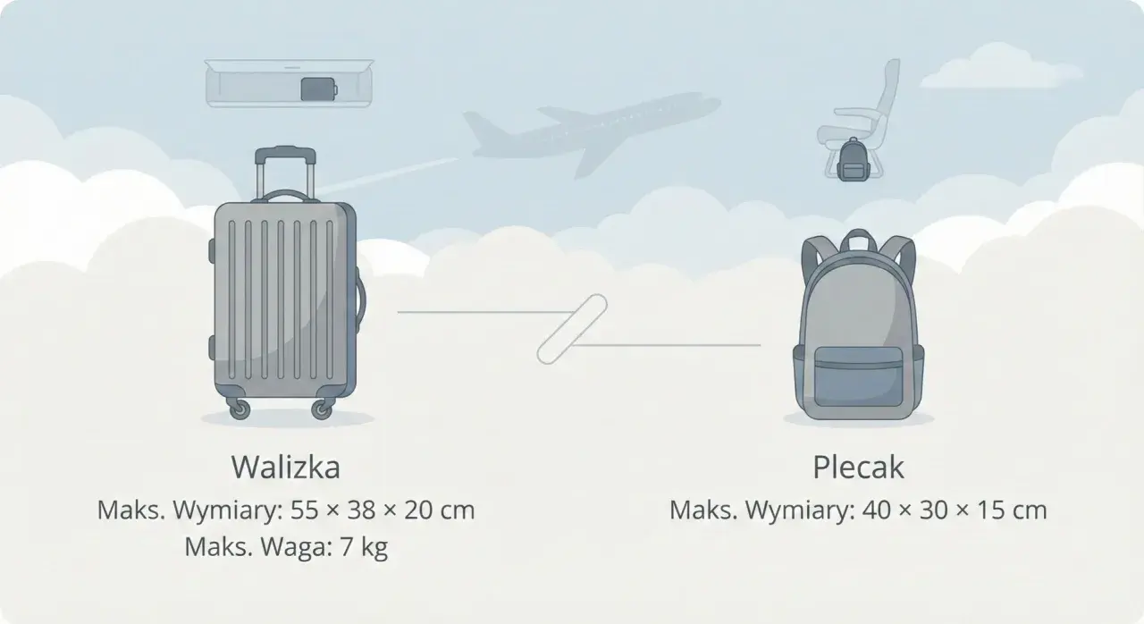 Porównanie walizki i plecaka jako bagażu podręcznego. Walizka: 55x38x20 cm, 7 kg. Plecak: 40x30x15 cm.