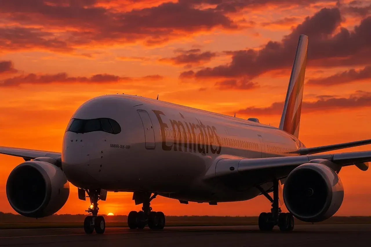Airbus A350-900 Emirates na tle zachodzącego słońca.
