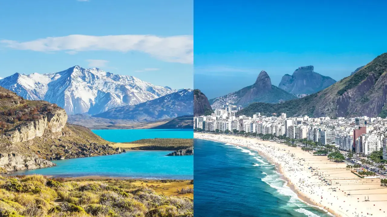 Krajobraz Argentyny z ośnieżonymi górami i turkusowym jeziorem obok plaży w Brazylii z górami w tle.