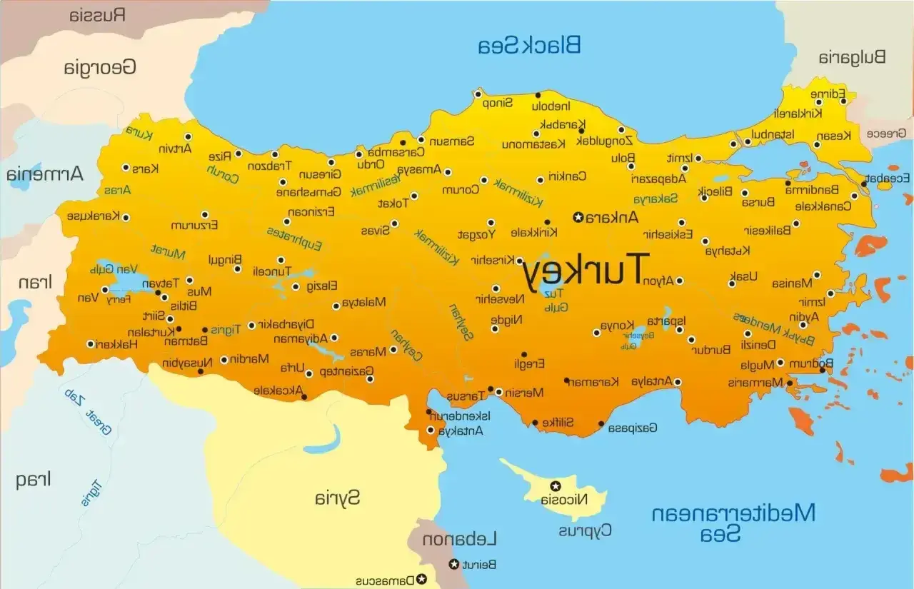 Mapa Turcji z zaznaczonymi miastami. Podróż do Turcji wymaga paszportu.