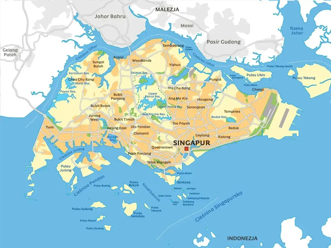 Mapa pokazuje, gdzie leży Singapur, między Malezją a Indonezją, otoczony wodami Cieśniny Johor i Cieśniny Singapurskiej.