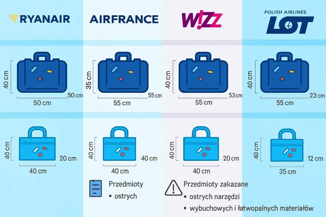 Porównanie wymiarów bagażu podręcznego i rejestrowanego różnych linii lotniczych, m.in. Ryanair, Air France, Wizz Air, LOT.