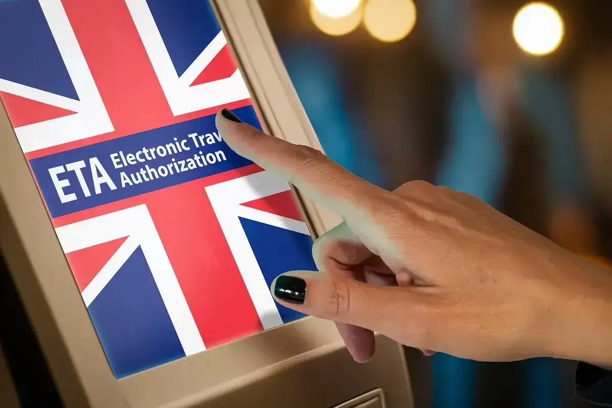 Palec dotyka ekranu z napisem "ETA Electronic Travel Authorization" i flagą Wielkiej Brytanii. Czy do Wielkiej Brytanii potrzebny jest paszport? Sprawdź ETA.