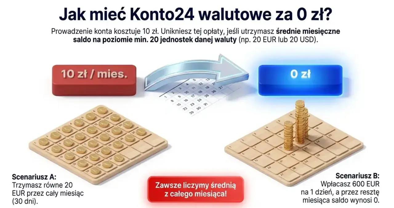 Konto walutowe Santander za 0 zł. Dwa scenariusze pokazują, jak uniknąć opłaty 10 zł miesięcznie, utrzymując średnie saldo 20 EUR.
