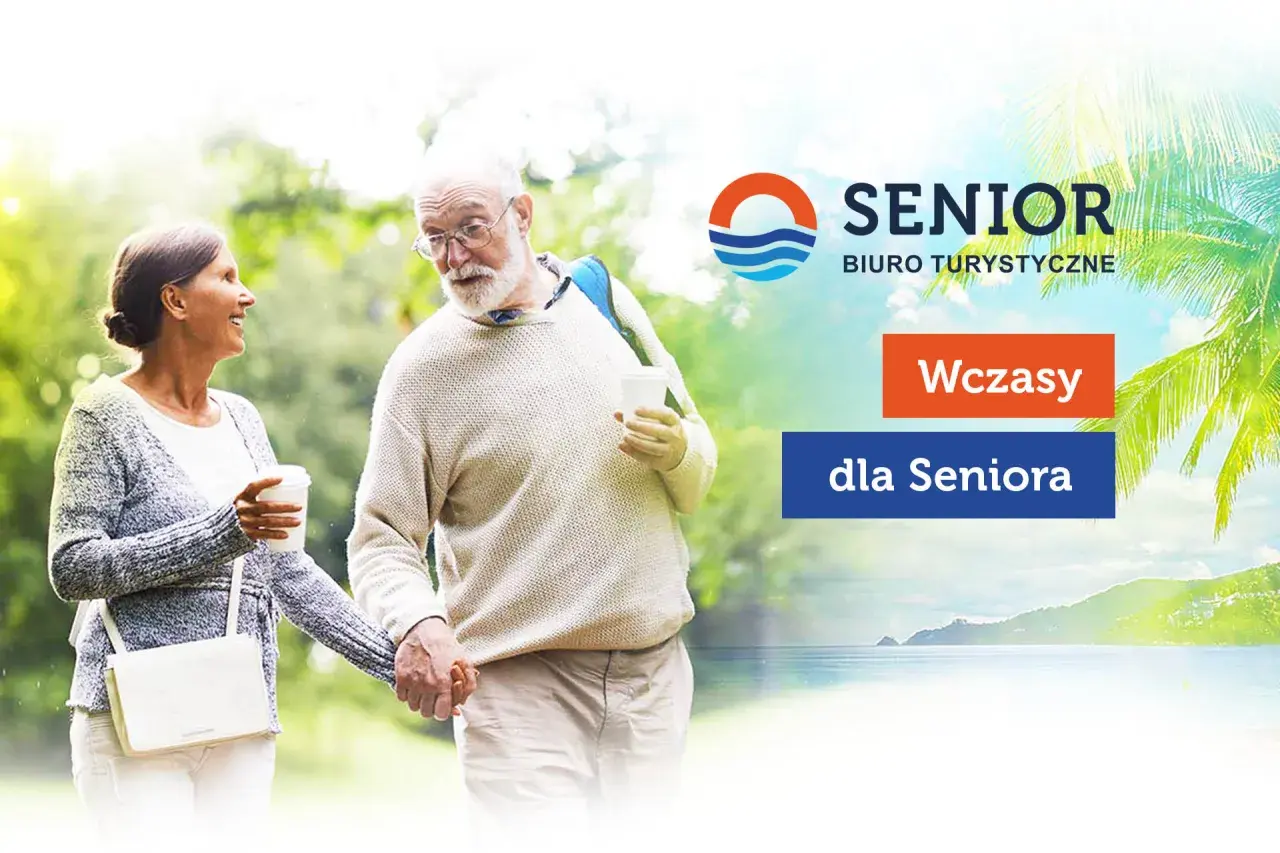 Szczęśliwi seniorzy cieszą się spacerem, planując wczasy dla emerytów z dojazdem. Biuro podróży Senior zaprasza na wymarzone wakacje.