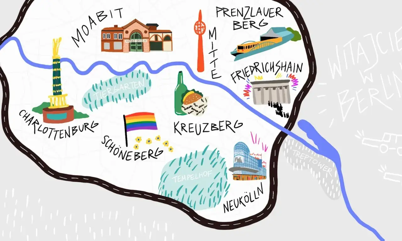 Ilustrowana mapa Berlina z dzielnicami jak Kreuzberg, Prenzlauer Berg. Czy Berlin jest bezpieczny? Wiele atrakcji, tęczowa flaga.