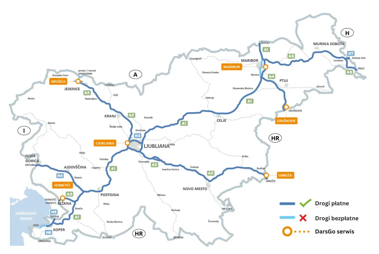 Mapa drogowa Słowenii z zaznaczonymi drogami płatnymi i bezpłatnymi, a także punktami DarsGo serwis. Waluta Słowenii to euro.