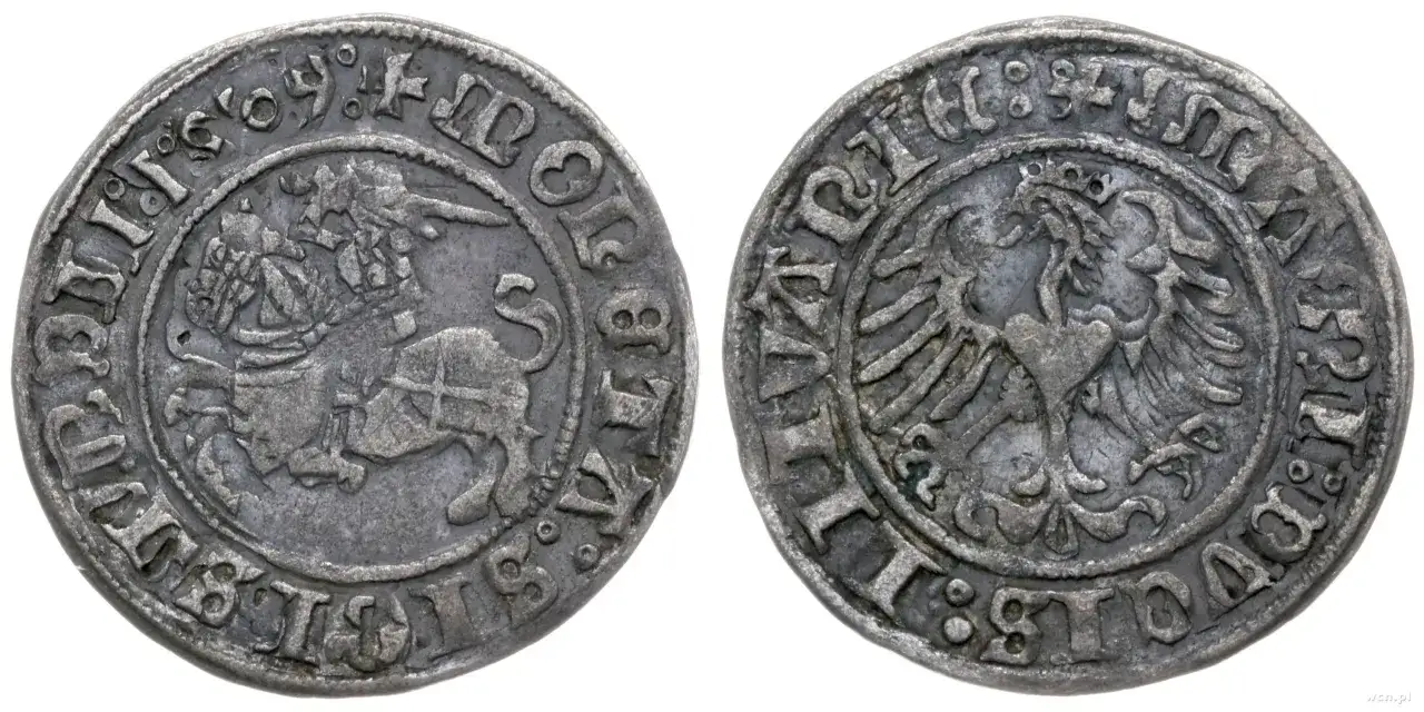 Litewski grosz z 1538 roku, waluta Litwy przed euro, z Pogonią i orłem.