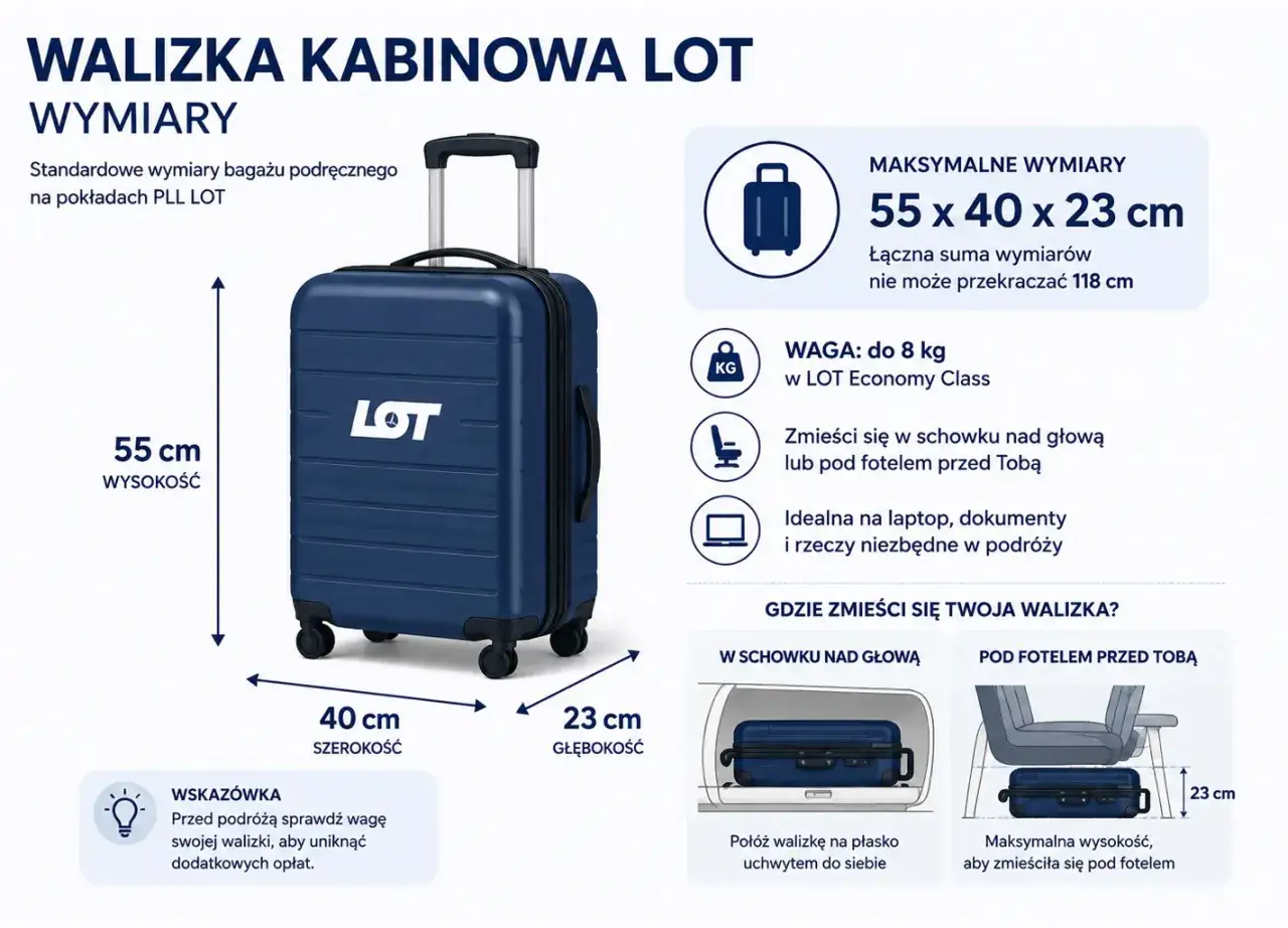 Granatowa walizka kabinowa LOT, wymiary 55x40x23 cm, waga do 8 kg. Idealna na bagaż podręczny LOT.