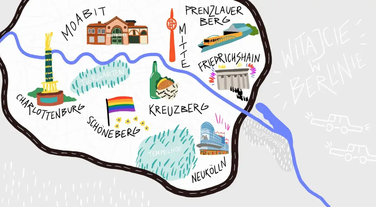 Mapa Berlina z dzielnicami: Moabit, Tiergarten, Mitte, Prenzlauer Berg, Friedrichshain, Kreuzberg, Schöneberg, Tempelhof, Neukölln, Charlottenburg. Czy Berlin jest bezpieczny? Tak, to przyjazne miasto.