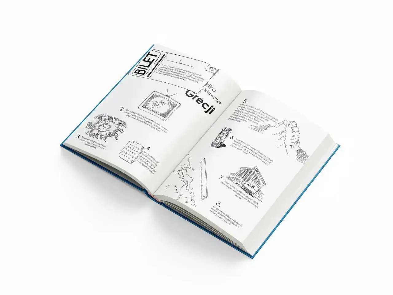 Otwarta książka z ilustracjami o Grecji. Czy do Grecji potrzebny jest paszport? Dowiedz się z ciekawostek o kraju.