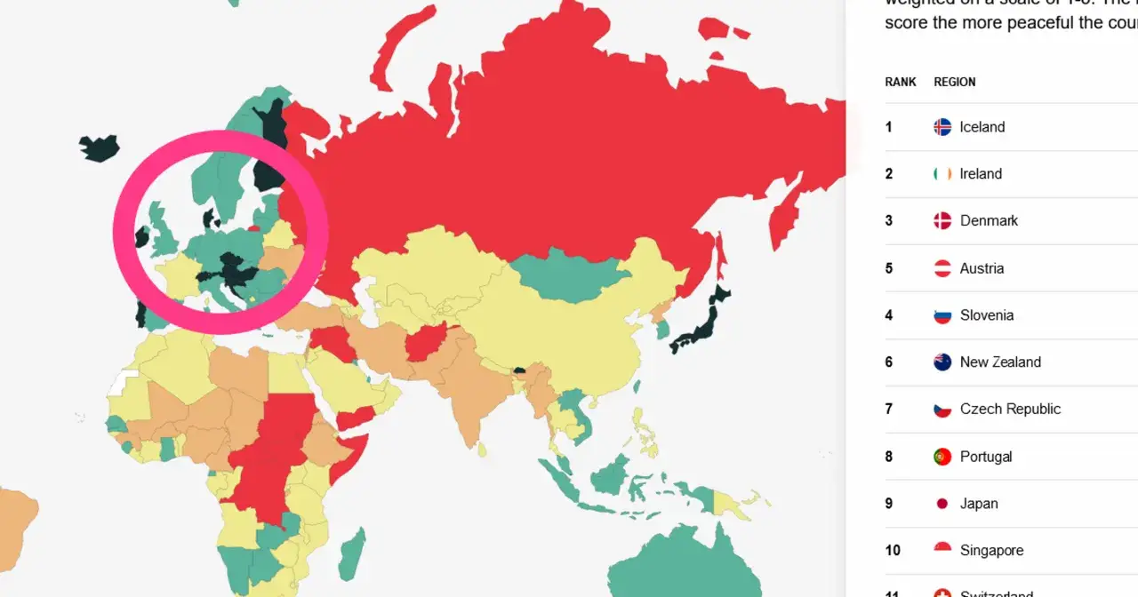 Mapa świata z zaznaczonymi krajami. Islandia, Irlandia i Dania to najbezpieczniejszy kraj na świecie.