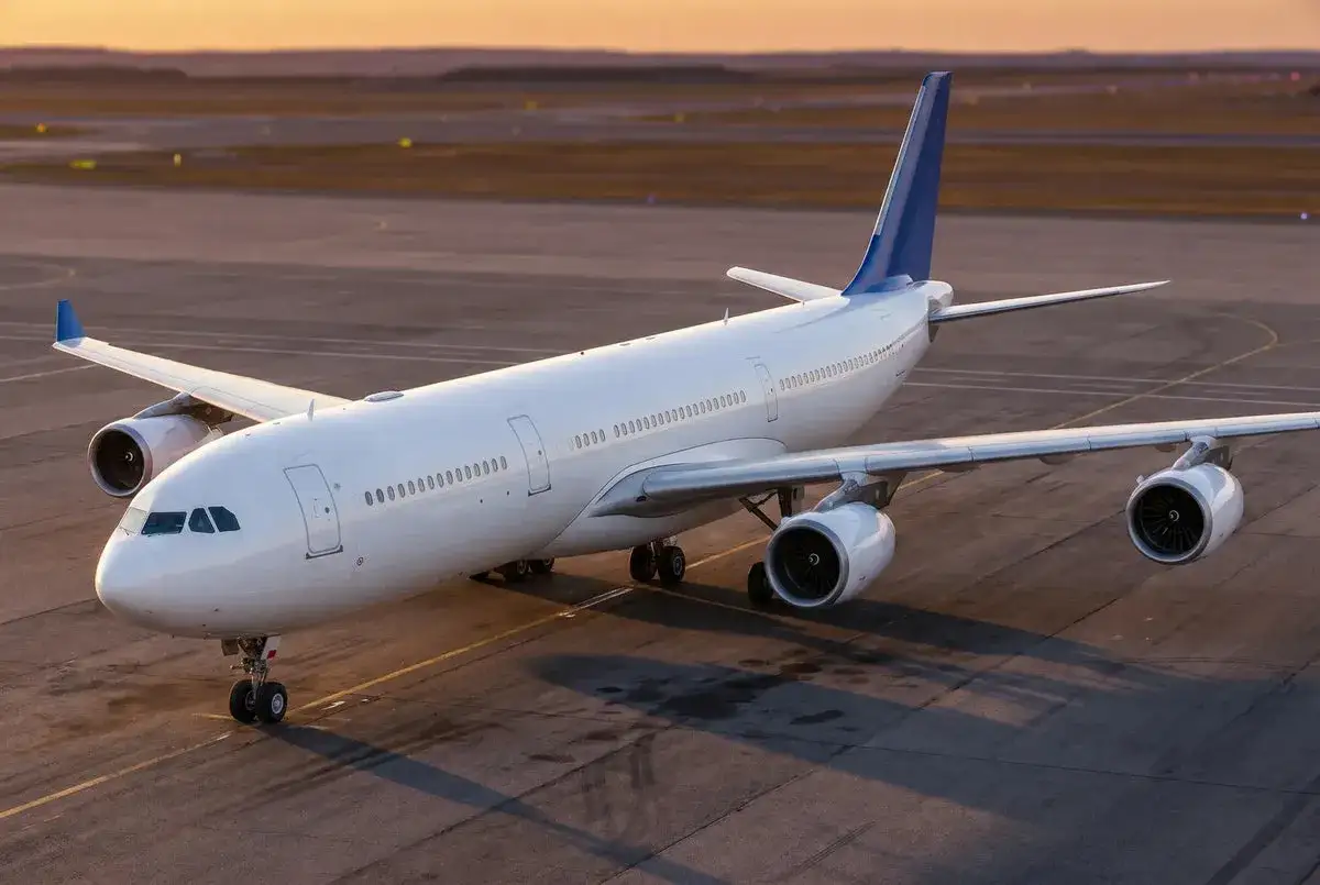 Biały airbus A340 z niebieskim ogonem stoi na płycie lotniska o zachodzie słońca.