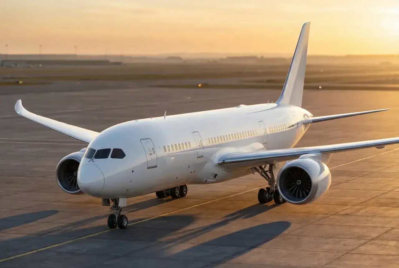 Biały Boeing 787-9 Dreamliner na płycie lotniska o zachodzie słońca.