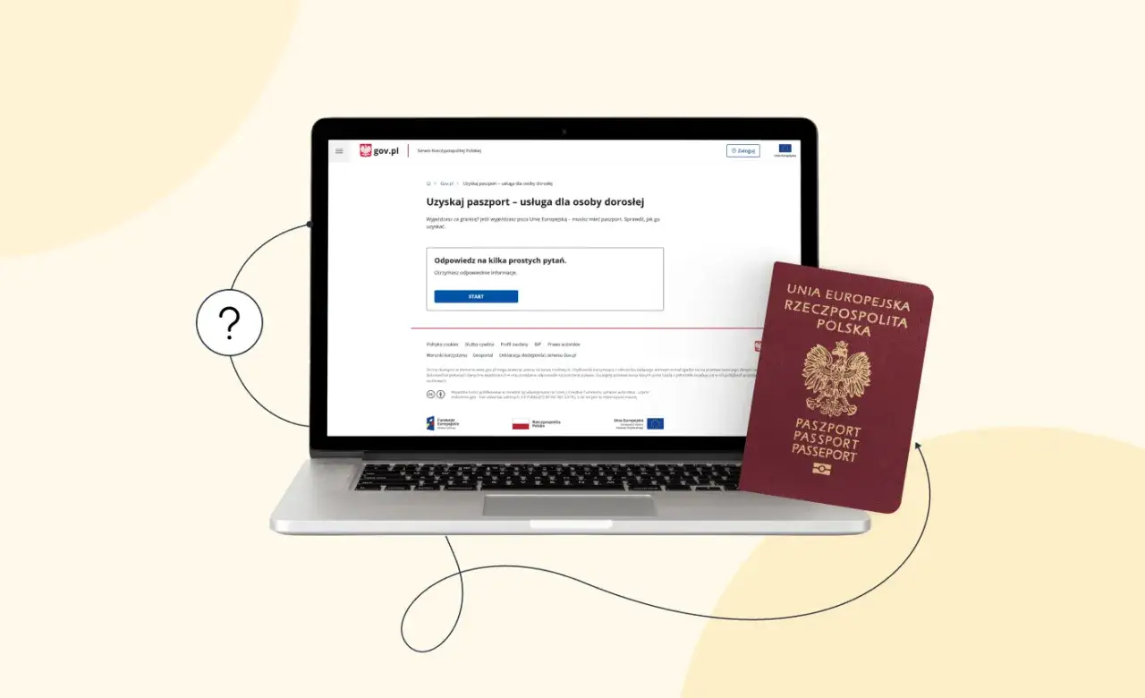 Czy wniosek o paszport można złożyć online? Na ekranie laptopa widoczna jest strona gov.pl z informacją o uzyskaniu paszportu. Obok leży czerwony paszport.