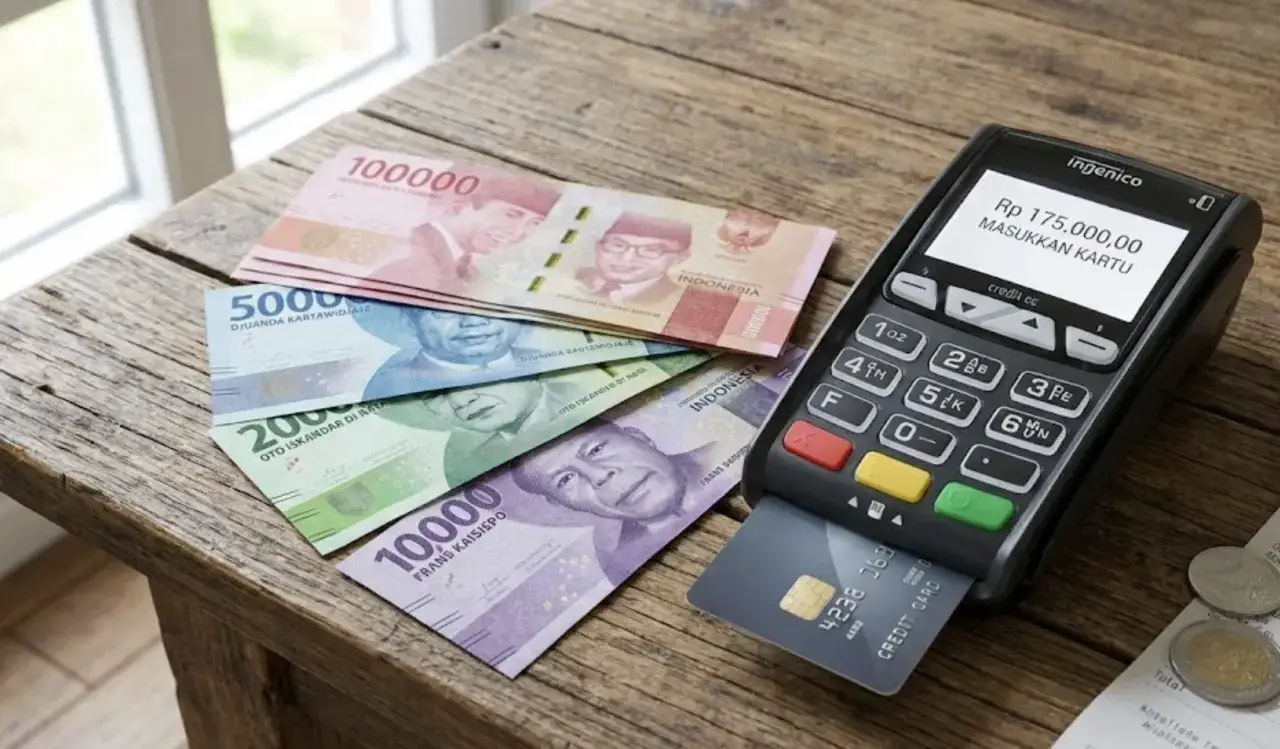 Stos banknotów, w tym 100 000 i 5000 rupii, czyli waluta Indonezji, obok terminala płatniczego z kartą.