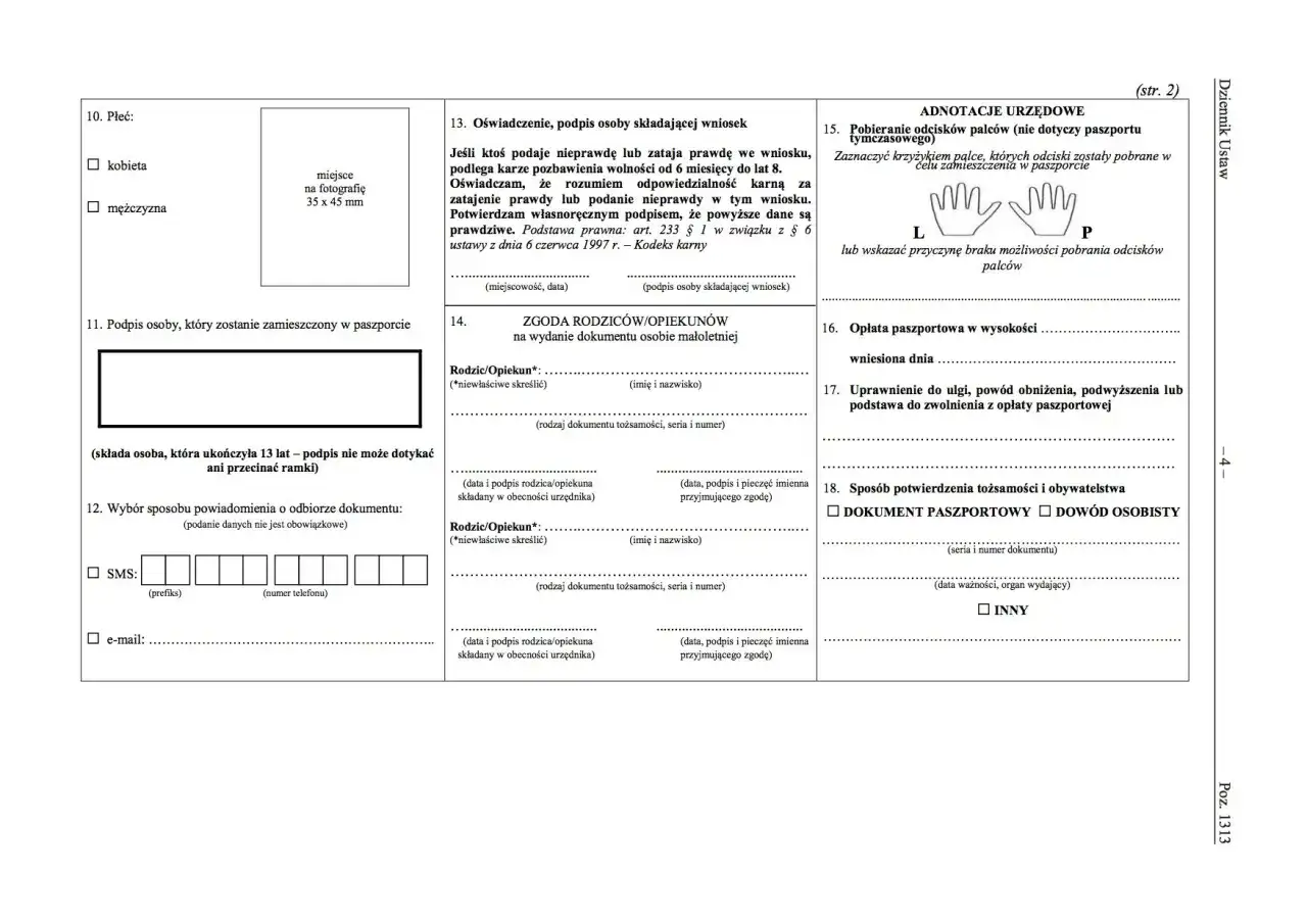 Formularz wniosku o paszport online dla dziecka, z miejscem na zdjęcie i danymi rodziców.