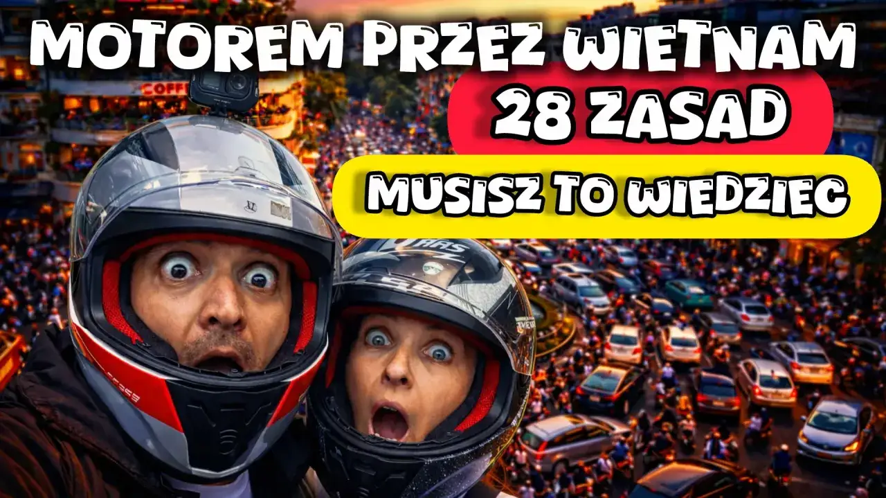 Dwie osoby w kaskach z szeroko otwartymi ustami, na tle zatłoczonej ulicy w Wietnamie. Czy w Wietnamie jest bezpiecznie? 28 zasad, które musisz znać!