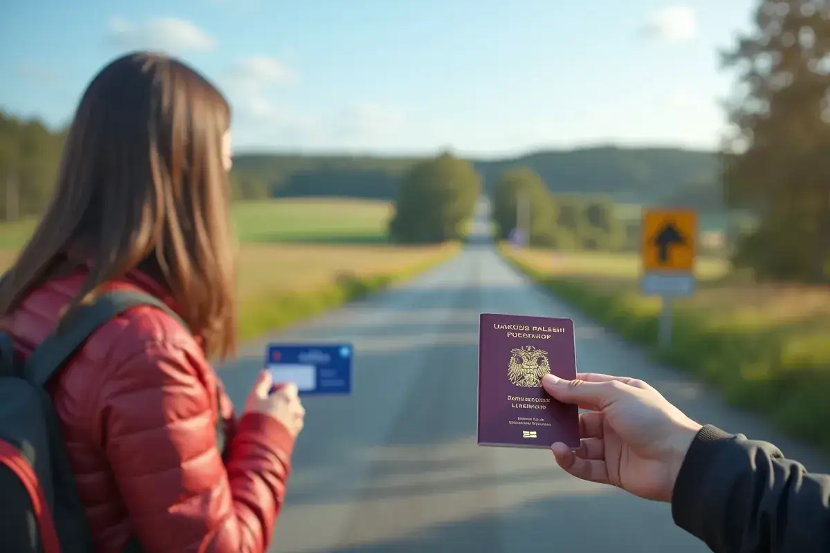 Droga do Szwecji. Czy do Szwecji potrzebny jest paszport? Kobieta z plecakiem trzyma kartę, mężczyzna podaje paszport.