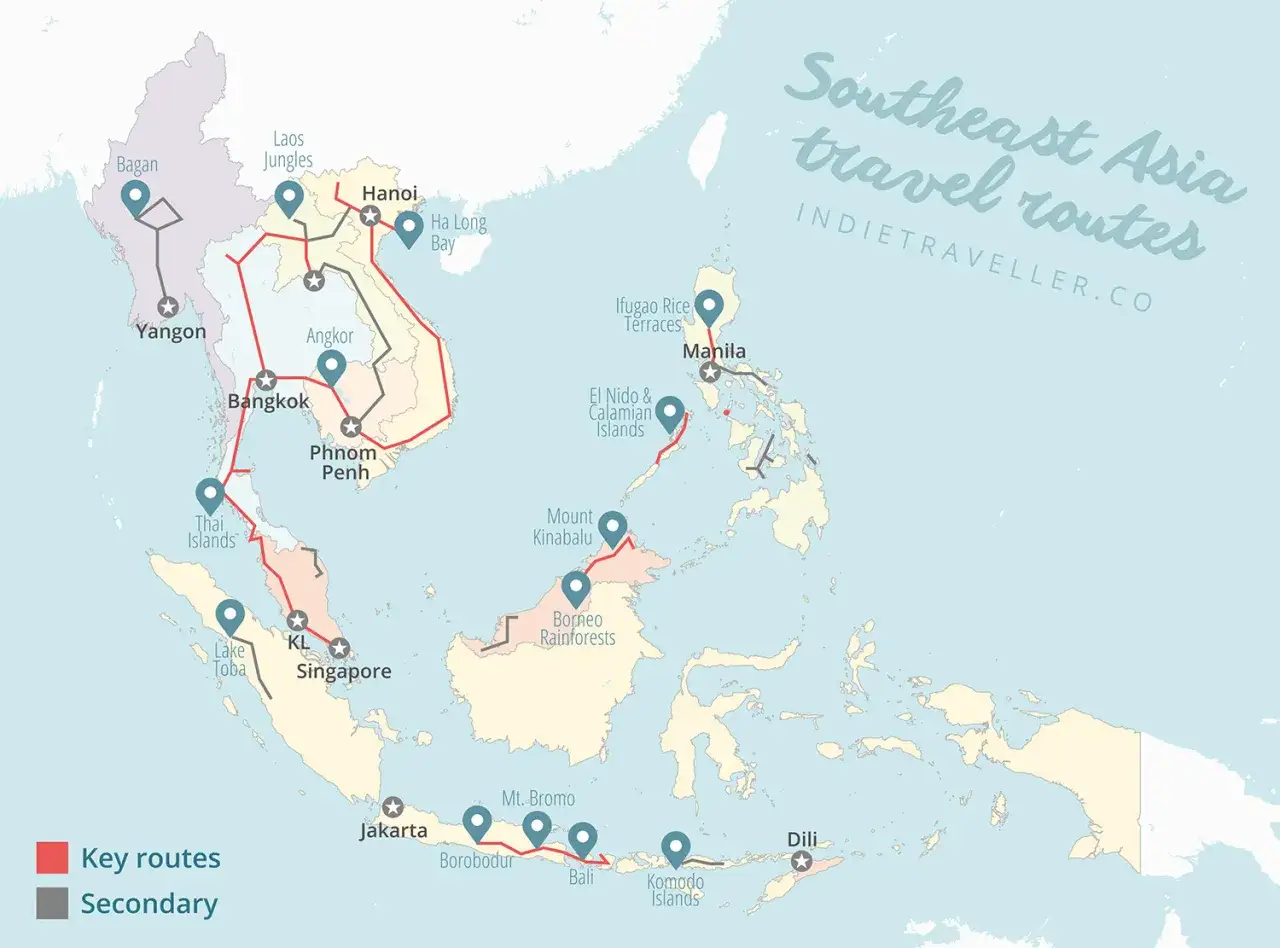 Mapa pokazuje trasy podróży po Azji Południowo-Wschodniej. Gdzie leży Singapur? Między Kuala Lumpur a Dżakartą, na południe od Tajlandii.